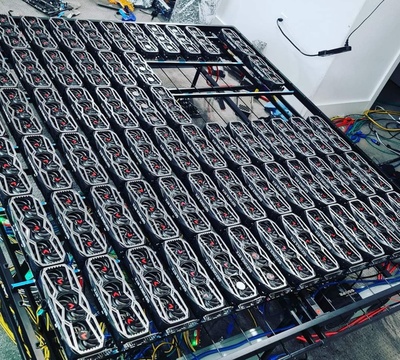 Modern Ethereum mining farm with cloud hosting systems